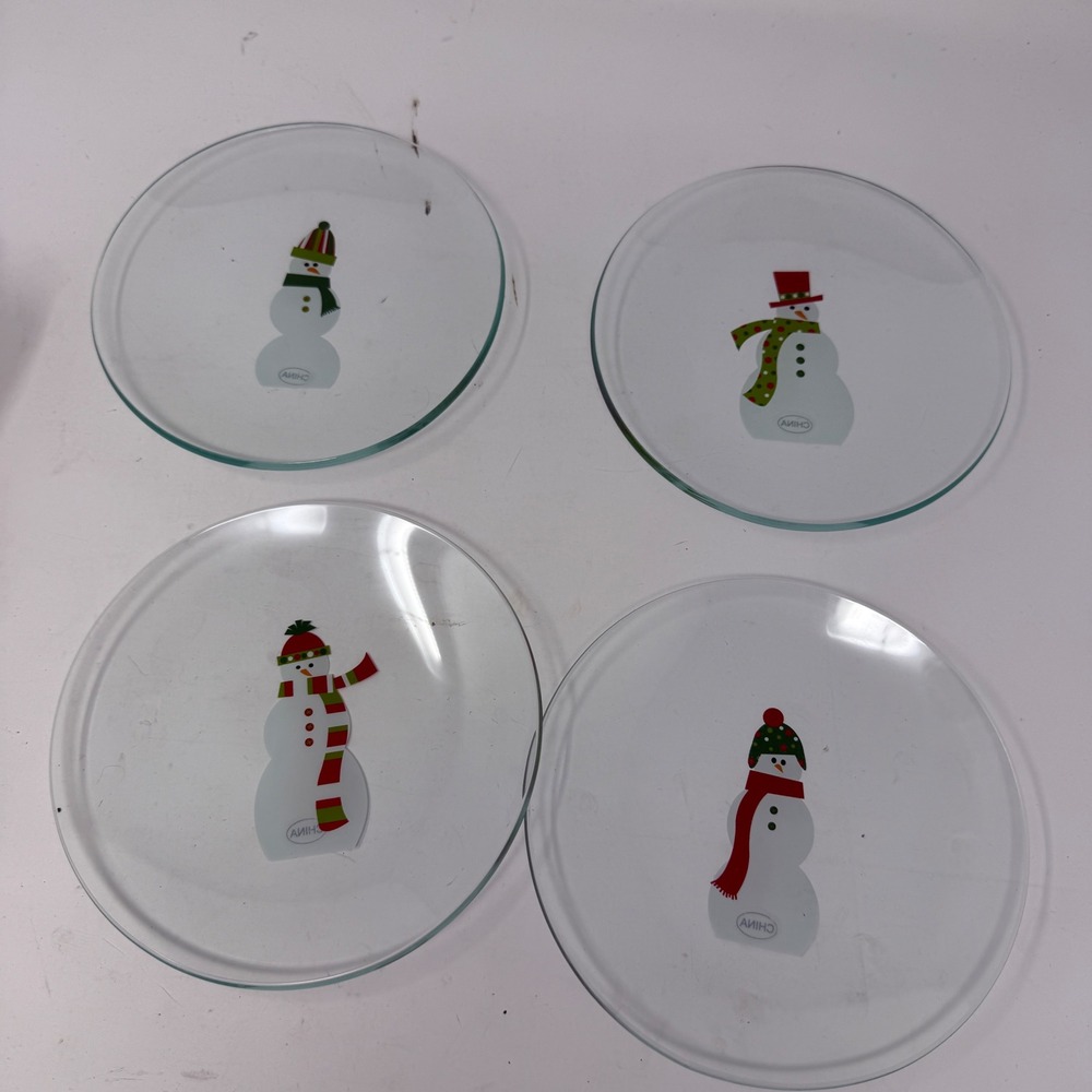 The Pampered Chef Snowman‎ Round Appetizer Plates Set of 4 Clear Glass Christmas